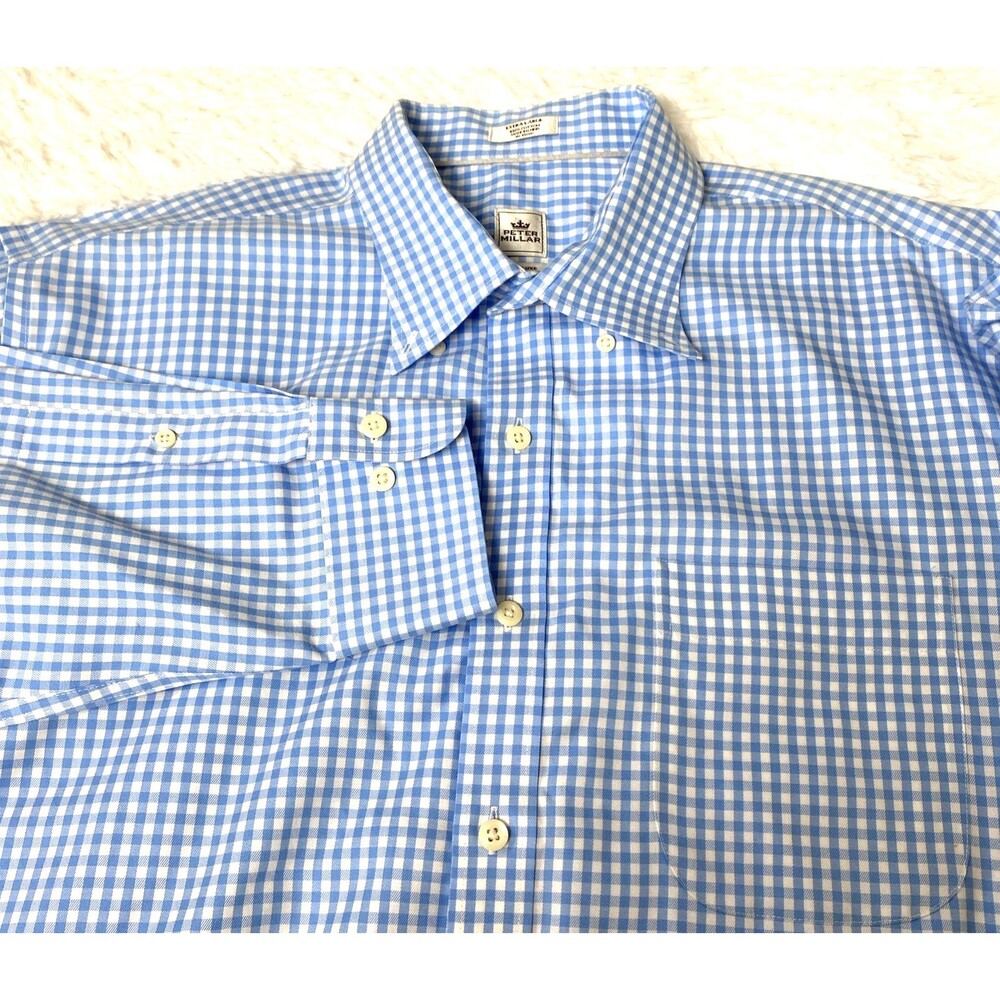 Peter Millar Nanoluxe Button Down Shirt Size XL Blue White Check Long Sleeve